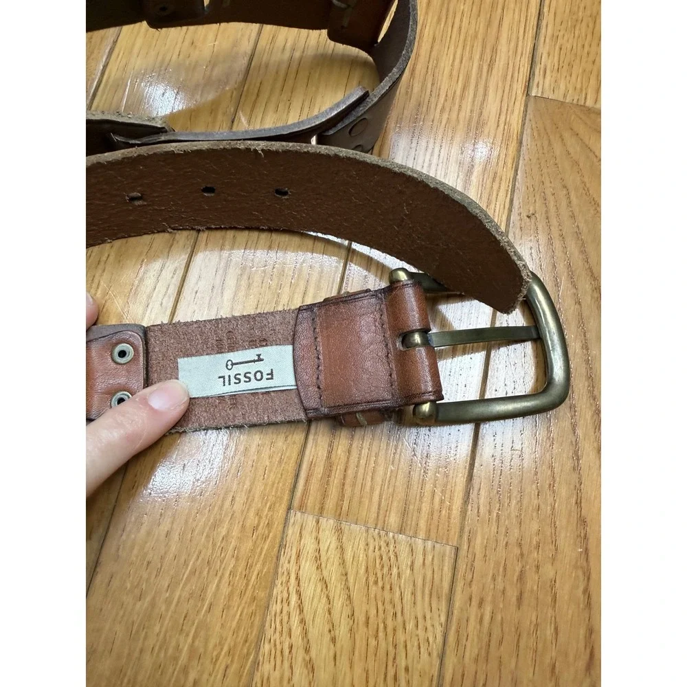Fossil Brown Patchwork Genuine Leather Belt Large Brass Buckle‎ Rivet L